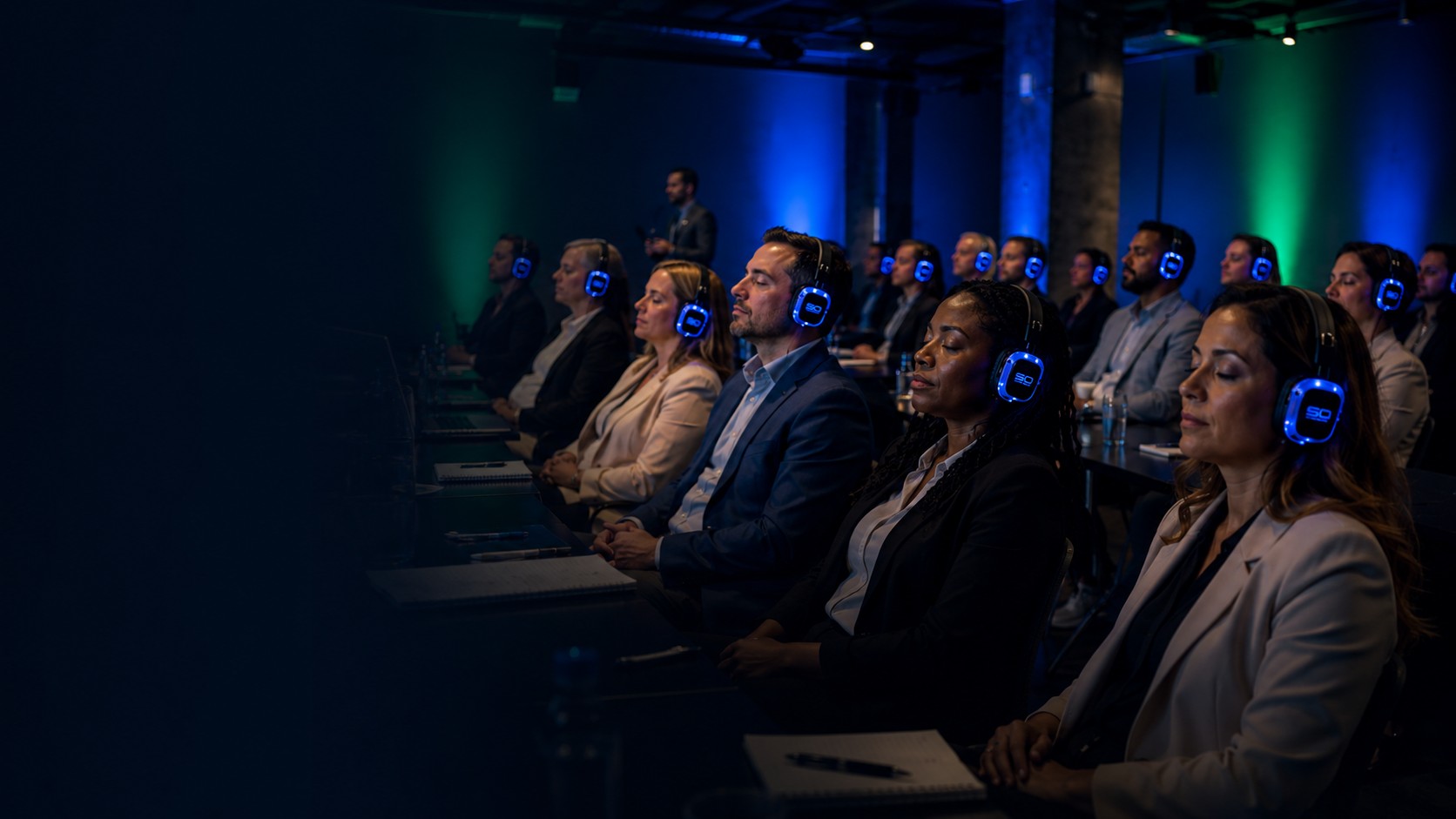 Diverse executives wearing illuminated neurofeedback headsets during a focused session in a blue-lit room